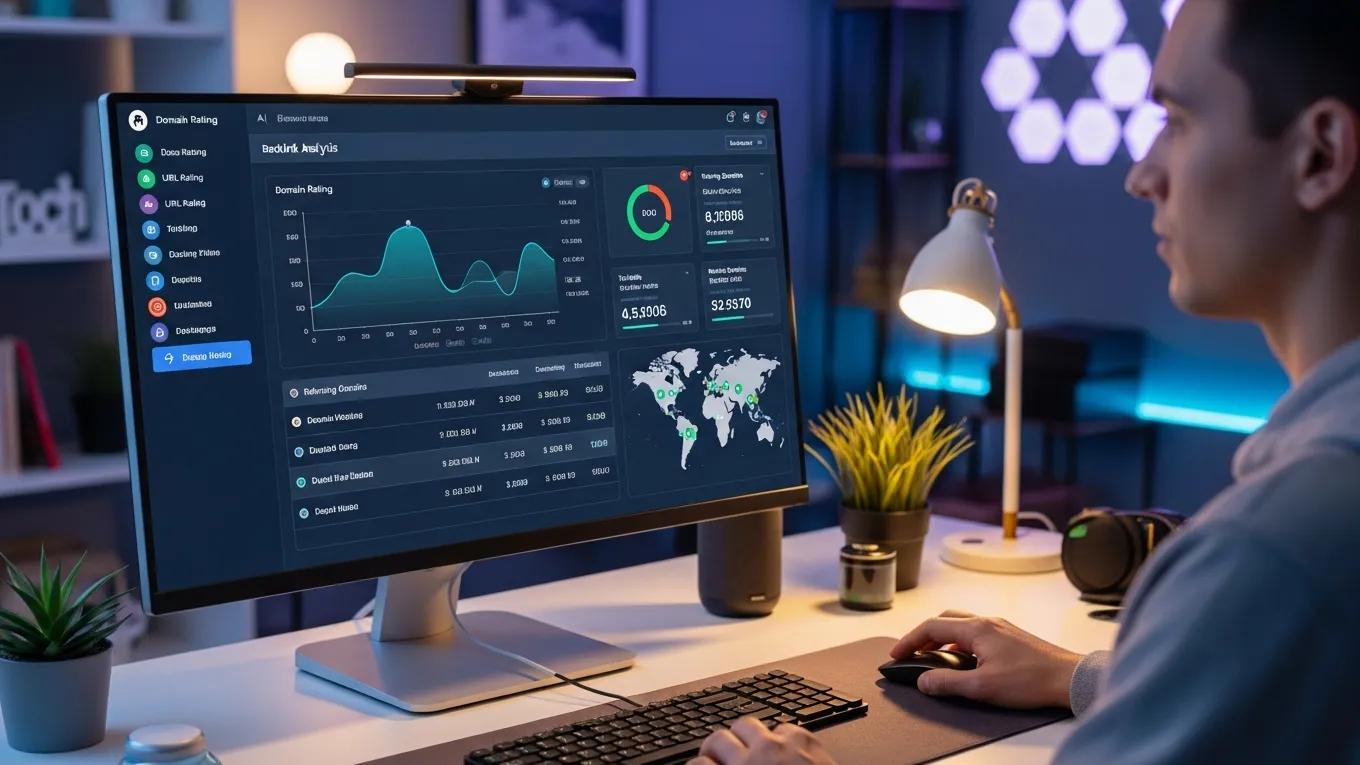 AI-driven software interface for backlink analysis metrics on a computer screen