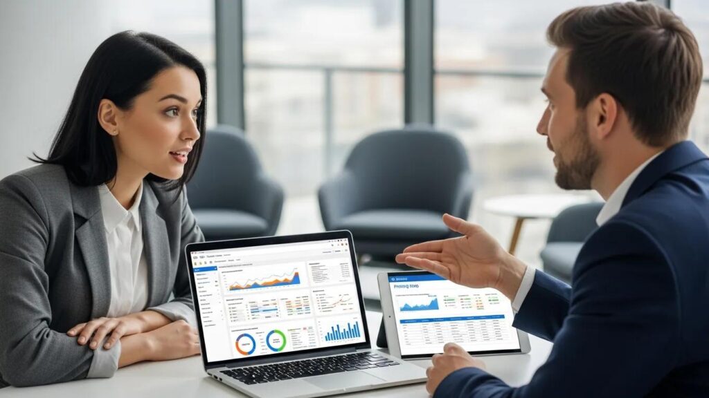 Business meeting discussing SEO agency pricing transparency with a laptop showing analytics