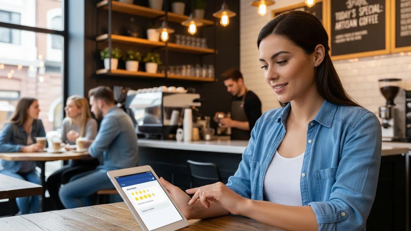 Business owner responding to customer reviews on a tablet in a modern café setting