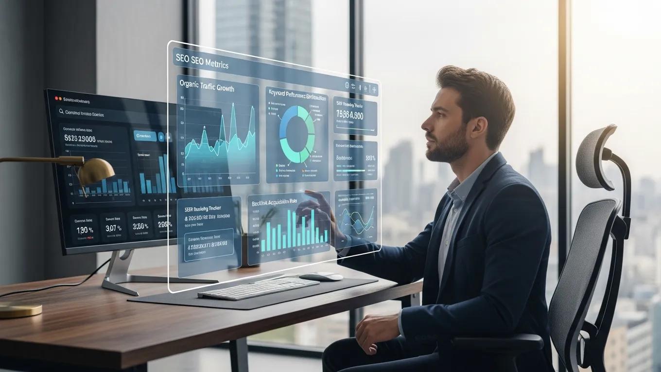 Business professional analyzing SEO metrics on a digital dashboard