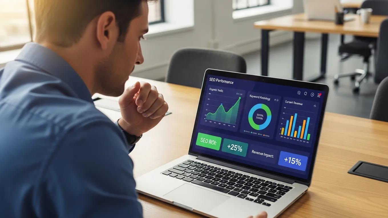 Business professional analyzing SEO performance metrics on a laptop in a modern workspace