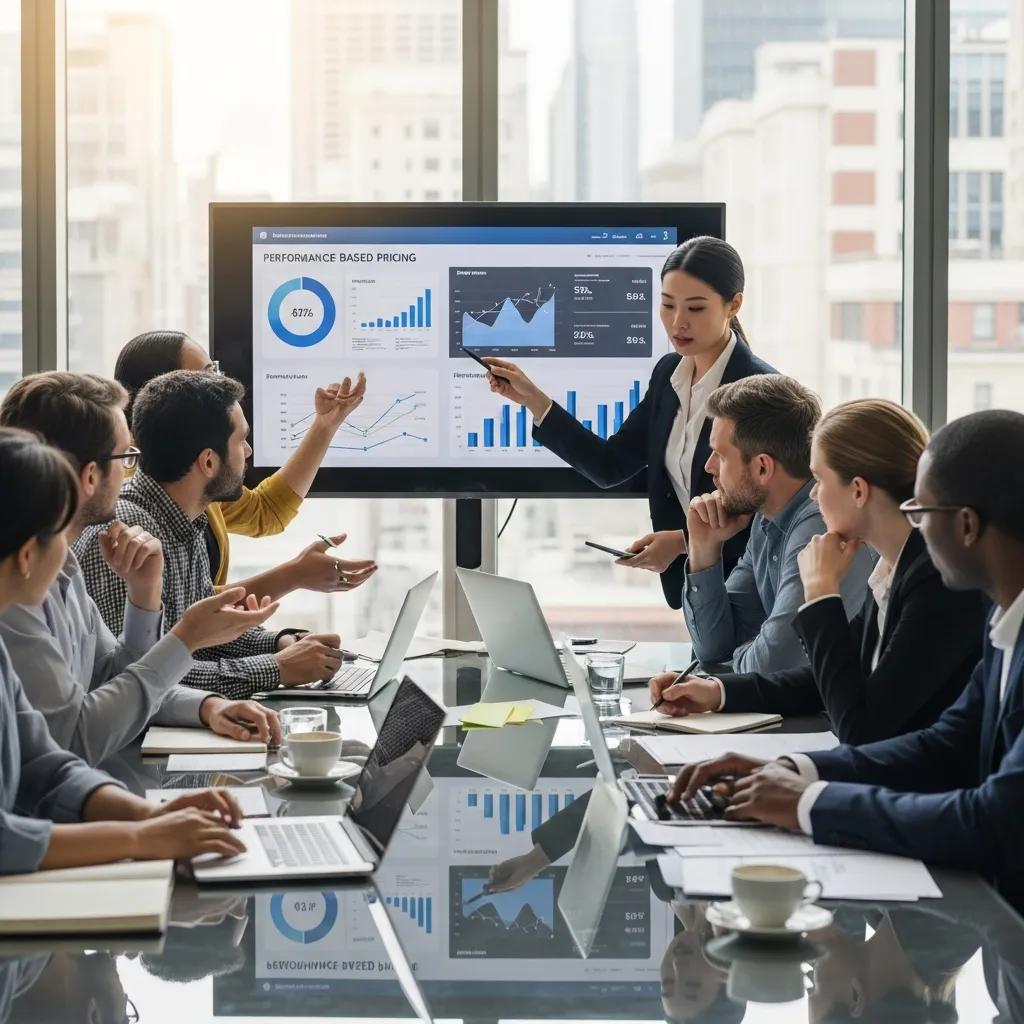Business professionals discussing performance-based pricing strategies in a modern meeting room