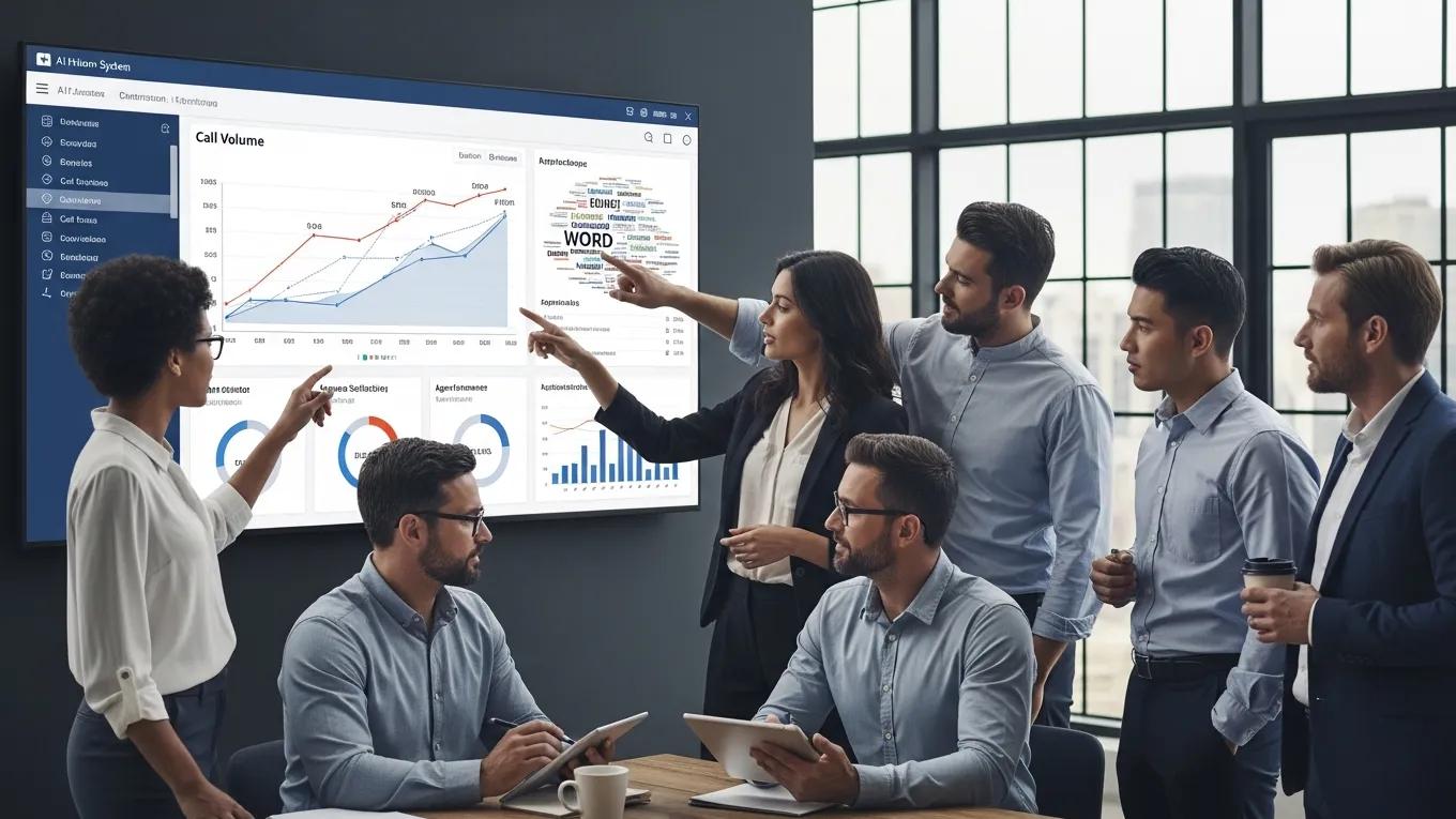 Business team analyzing AI phone system features on a large screen