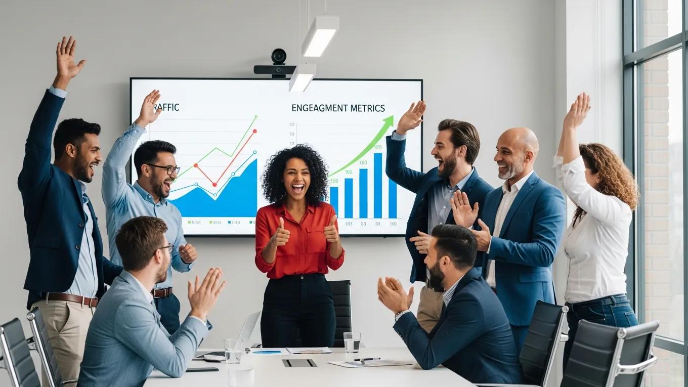 Business team celebrating success with upward trends displayed on a screen in a meeting room