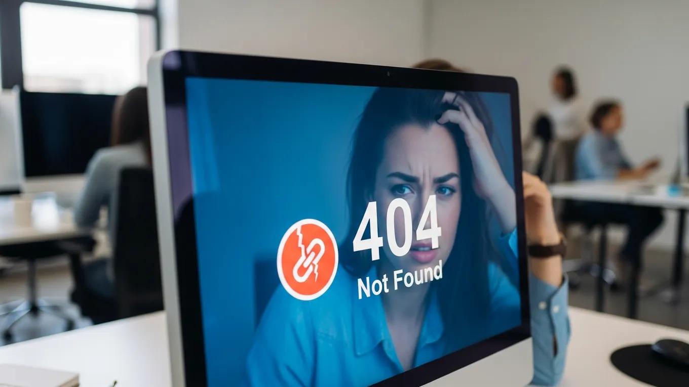 Close-up of a broken link error on a computer screen, illustrating technical SEO challenges
