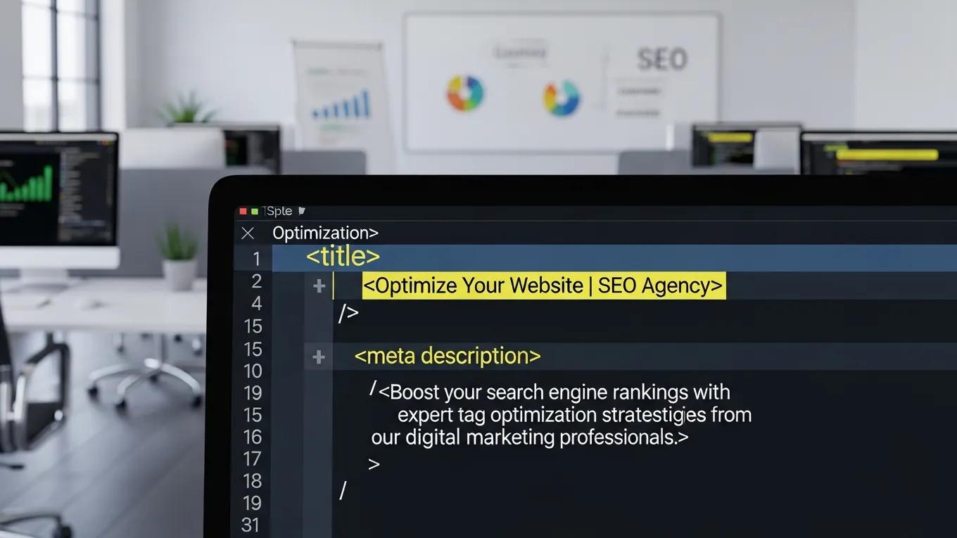 Close-up of a computer screen showing highlighted meta tags in a code editor, representing meta tag optimization