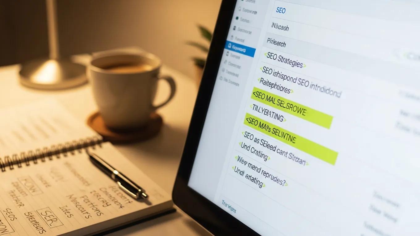 Close-up of a computer screen showing highlighted title tags in a digital marketing workspace