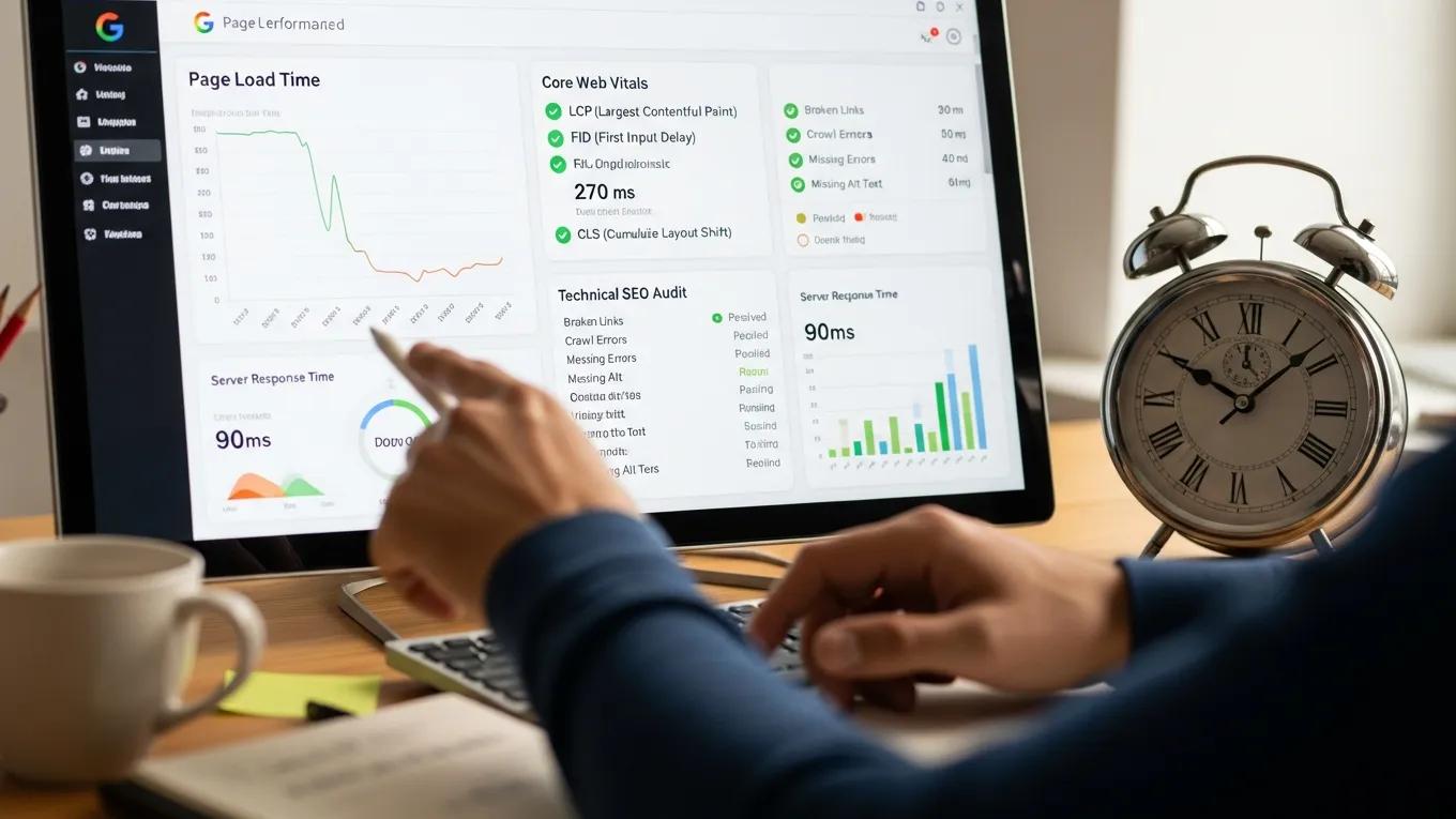Close-up of a computer screen showing technical SEO metrics and performance analysis