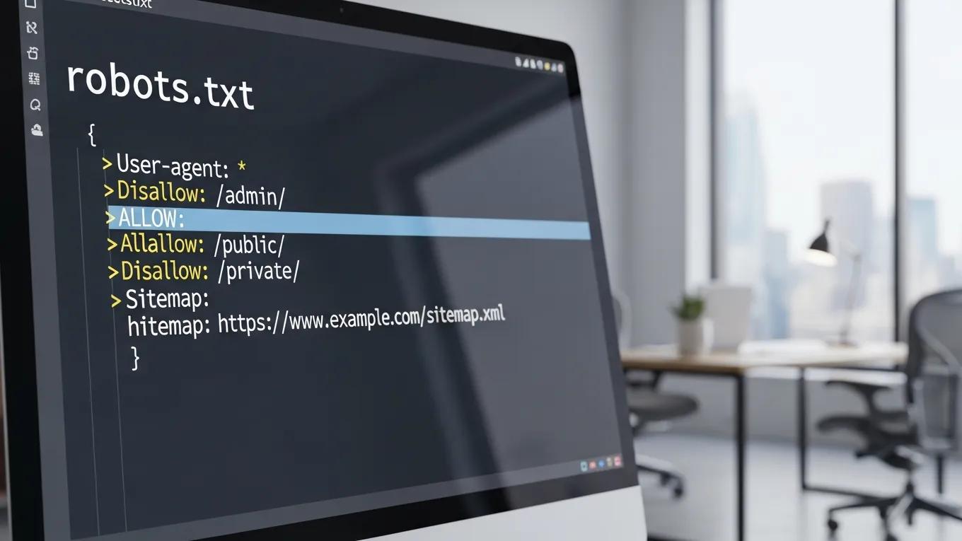 Close-up of a computer screen with a structured robots.txt file highlighting key directives for SEO
