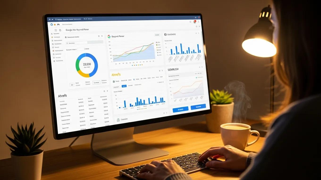 Close-up of a computer screen with keyword research tools, illustrating effective SEO strategies