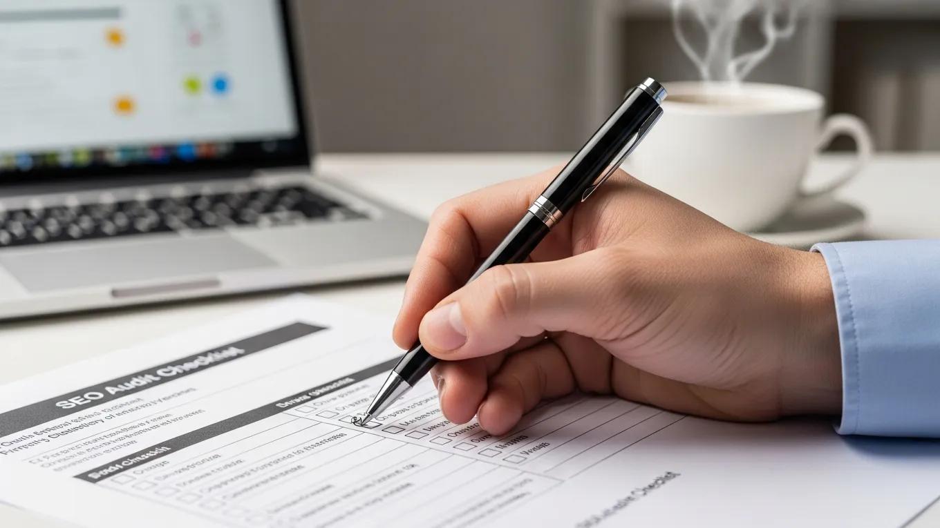 Close-up of a hand checking off items on an SEO audit checklist in an office setting