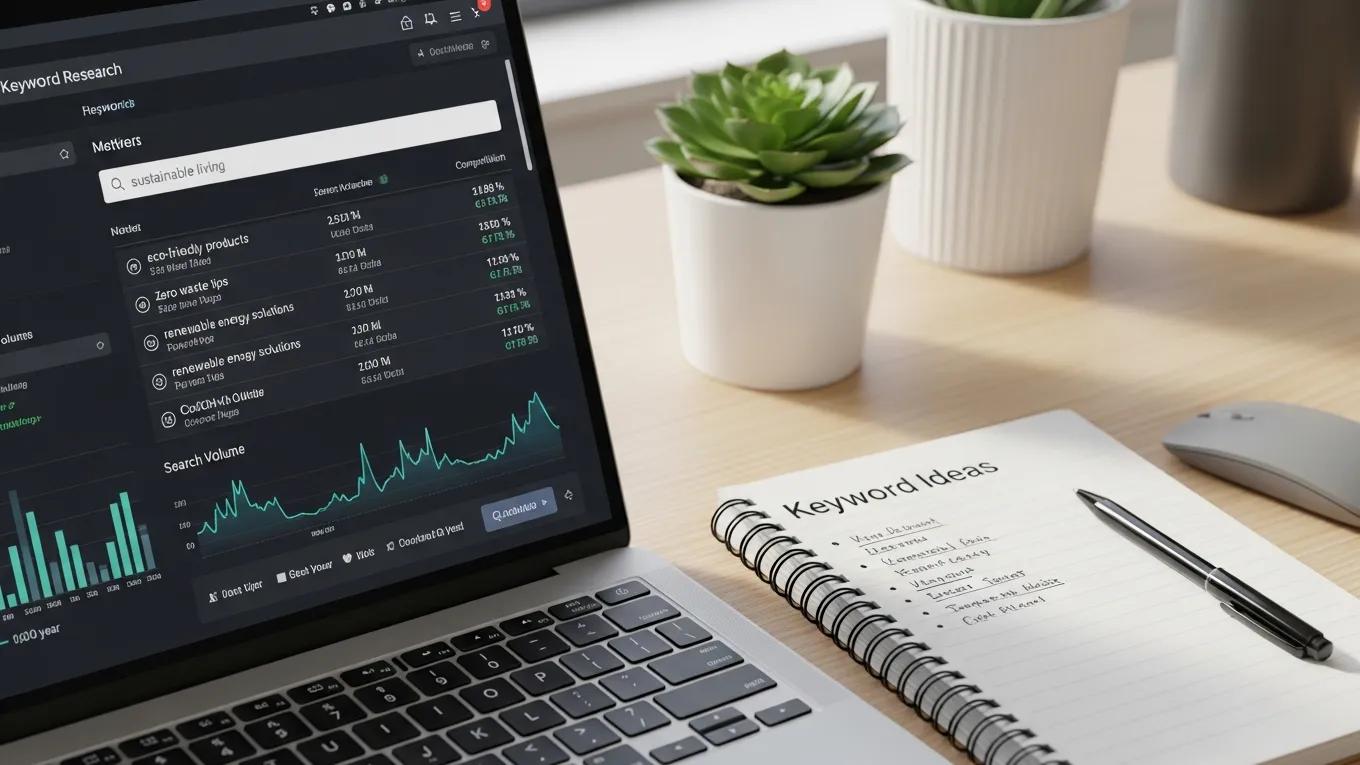 Close-up of a laptop showing a keyword research tool in a modern workspace