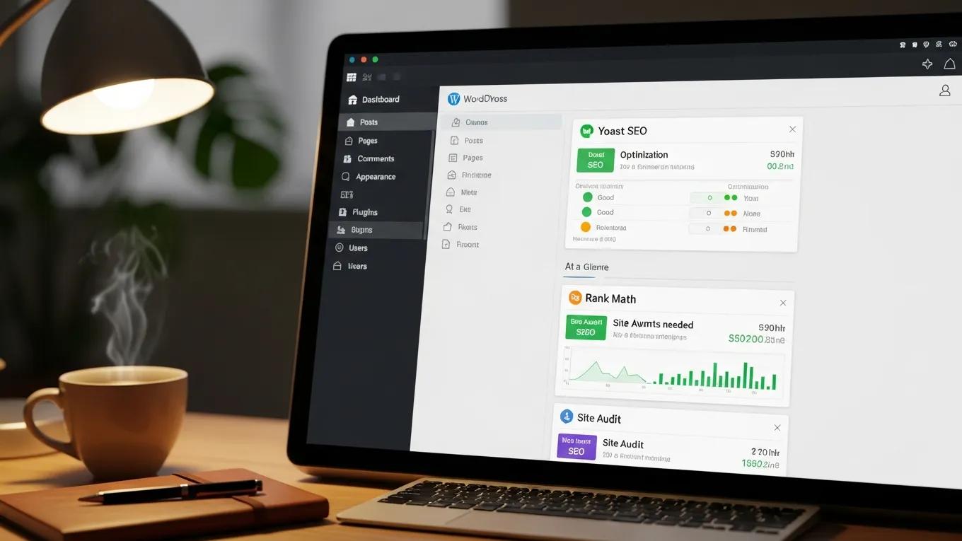Close-up of a WordPress dashboard with SEO plugins highlighting website optimization tools