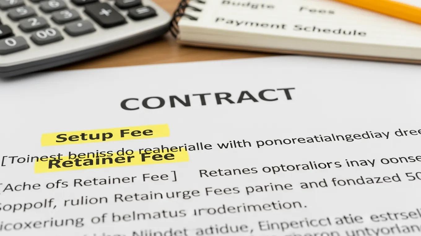Close-up of an SEO contract highlighting setup and retainer fees with budgeting tools