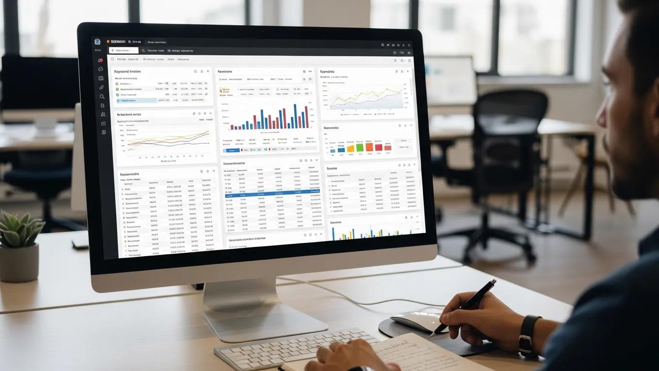 Close-up of keyword research tools on a computer screen in a modern office