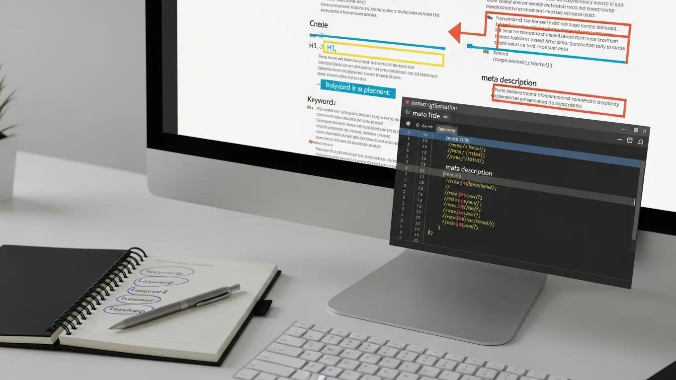 Close-up of website content optimization with focus on keywords and meta tags