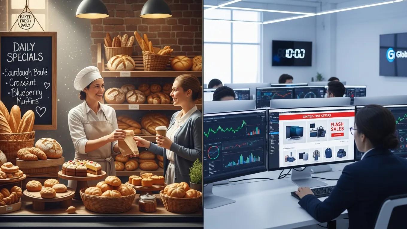 Comparison of a small bakery and a large e-commerce retailer illustrating SEO cost differences