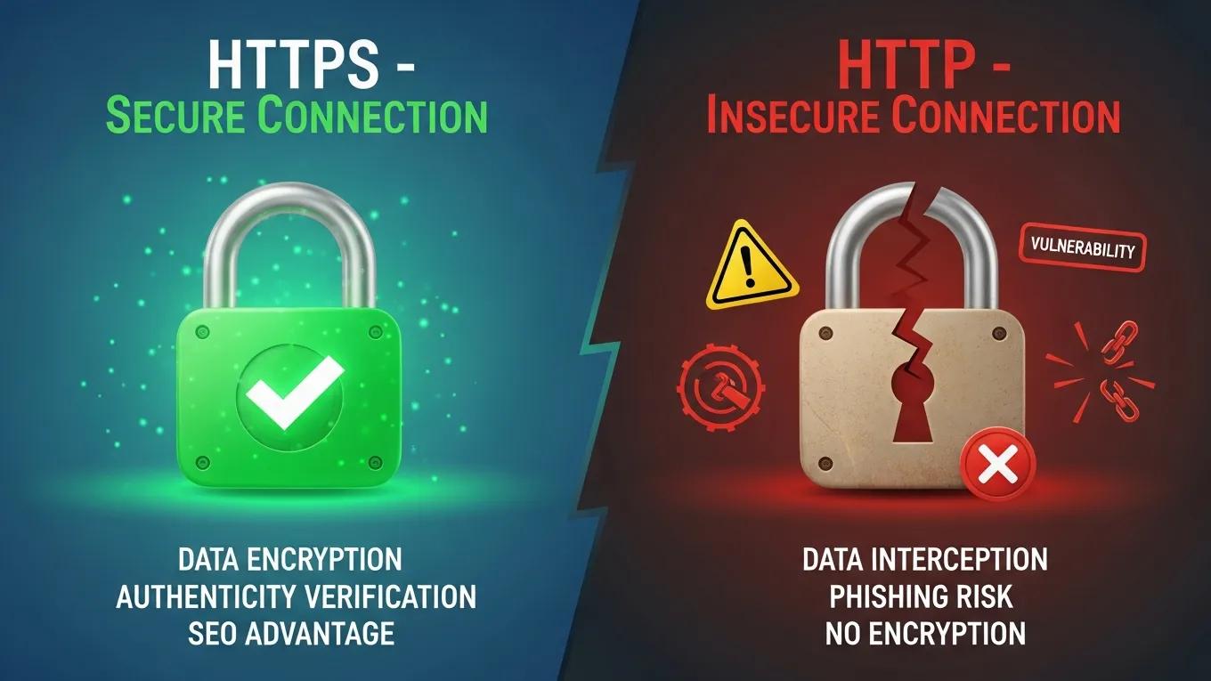 Comparison of HTTPS benefits versus HTTP vulnerabilities, showcasing security features