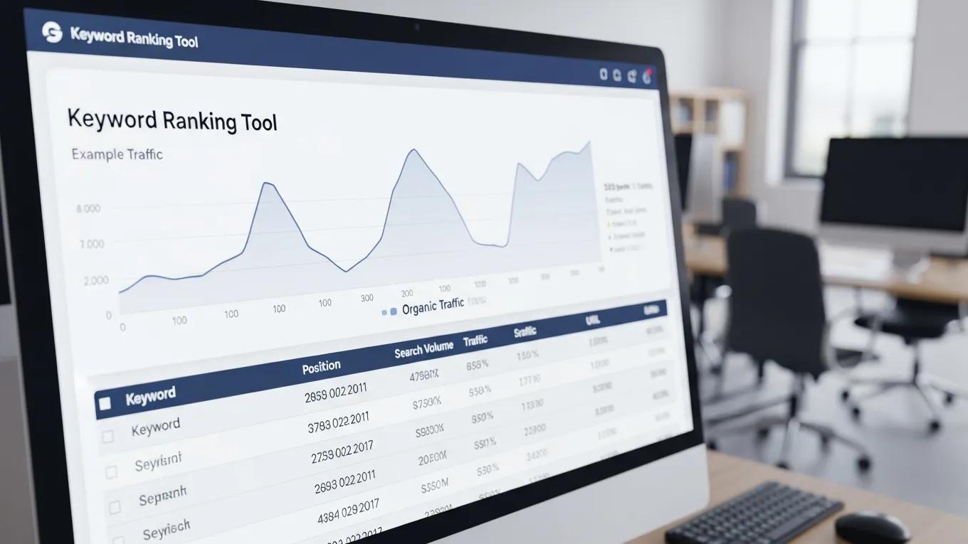Computer screen displaying keyword ranking tool with organic traffic statistics
