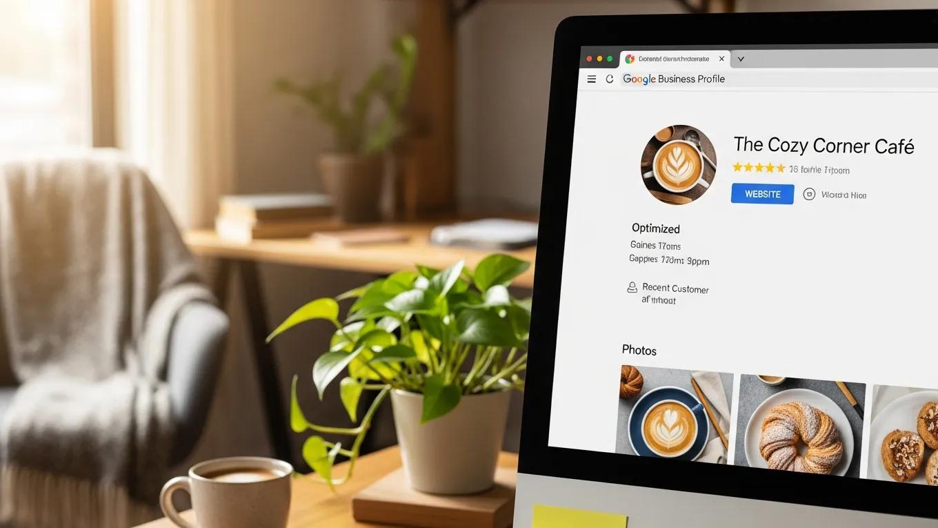 Computer screen showing an optimized Google Business Profile in a cozy office setting