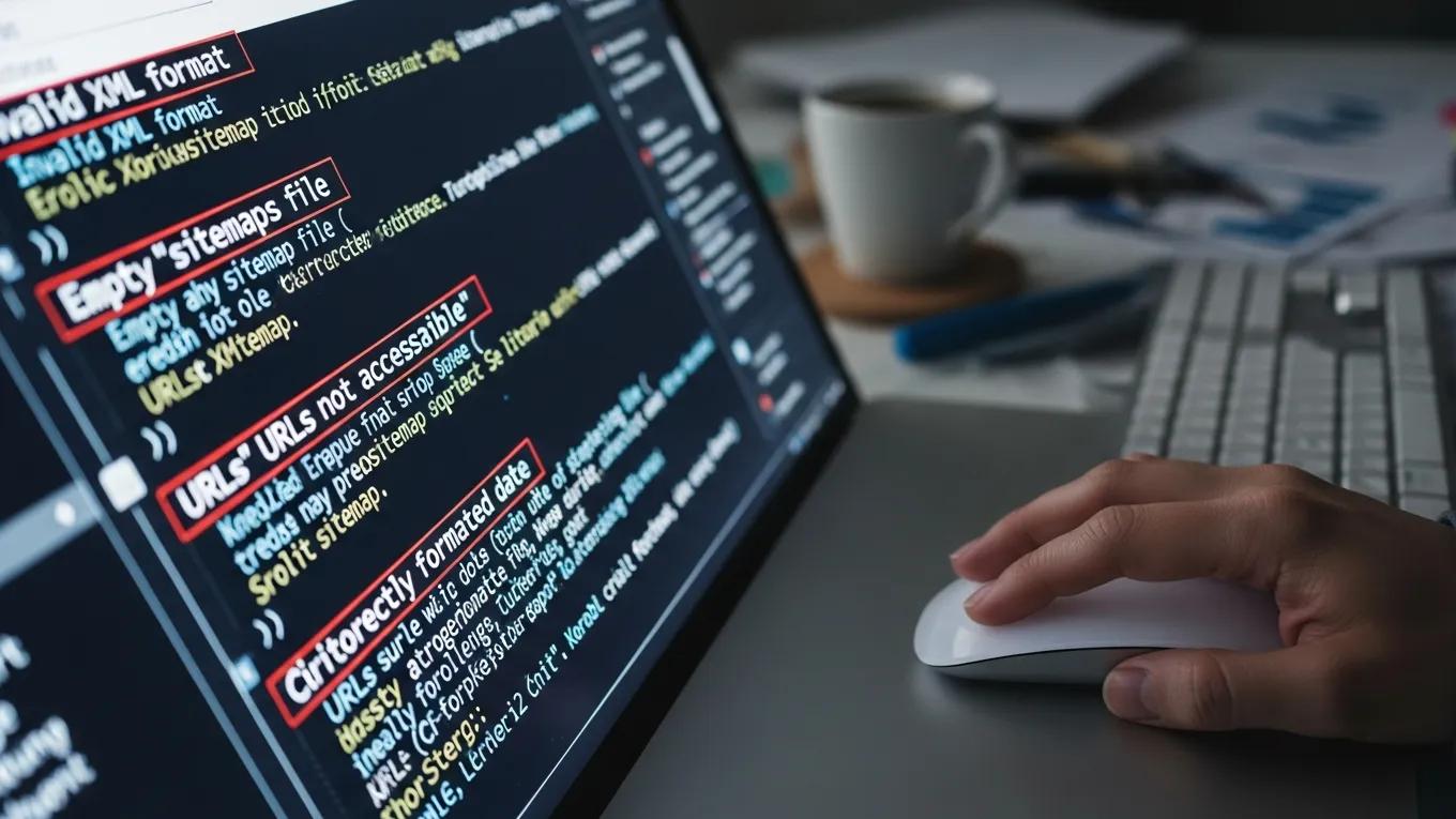 Computer screen showing XML sitemap errors, highlighting the importance of troubleshooting for SEO