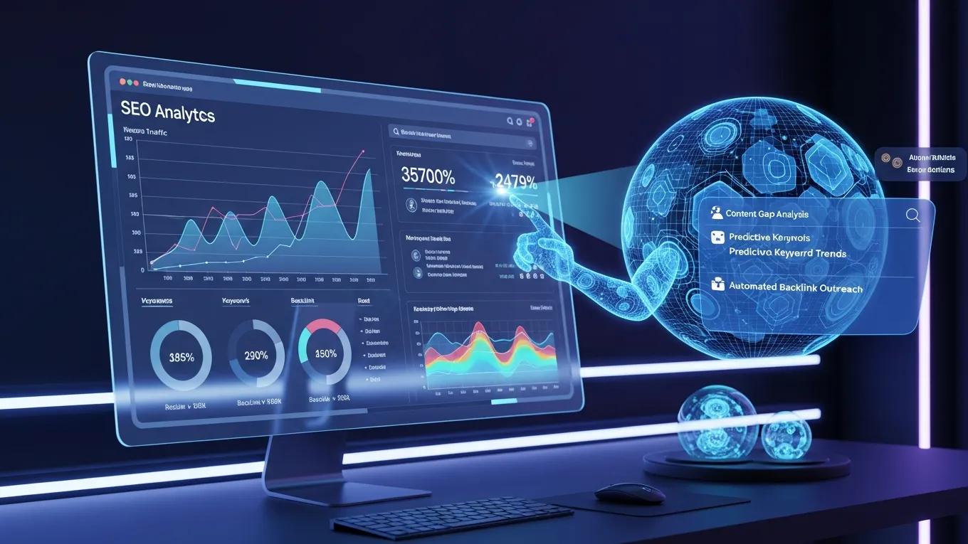 Computer screen with AI tools for SEO optimization showcasing data analytics