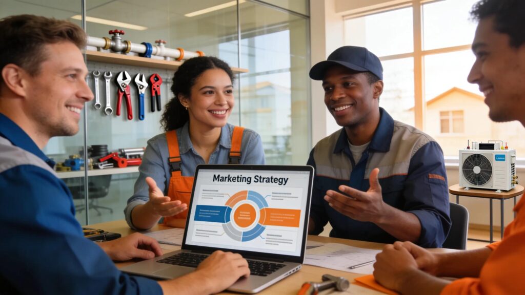 Group of contractors collaborating on marketing strategies in a modern office setting