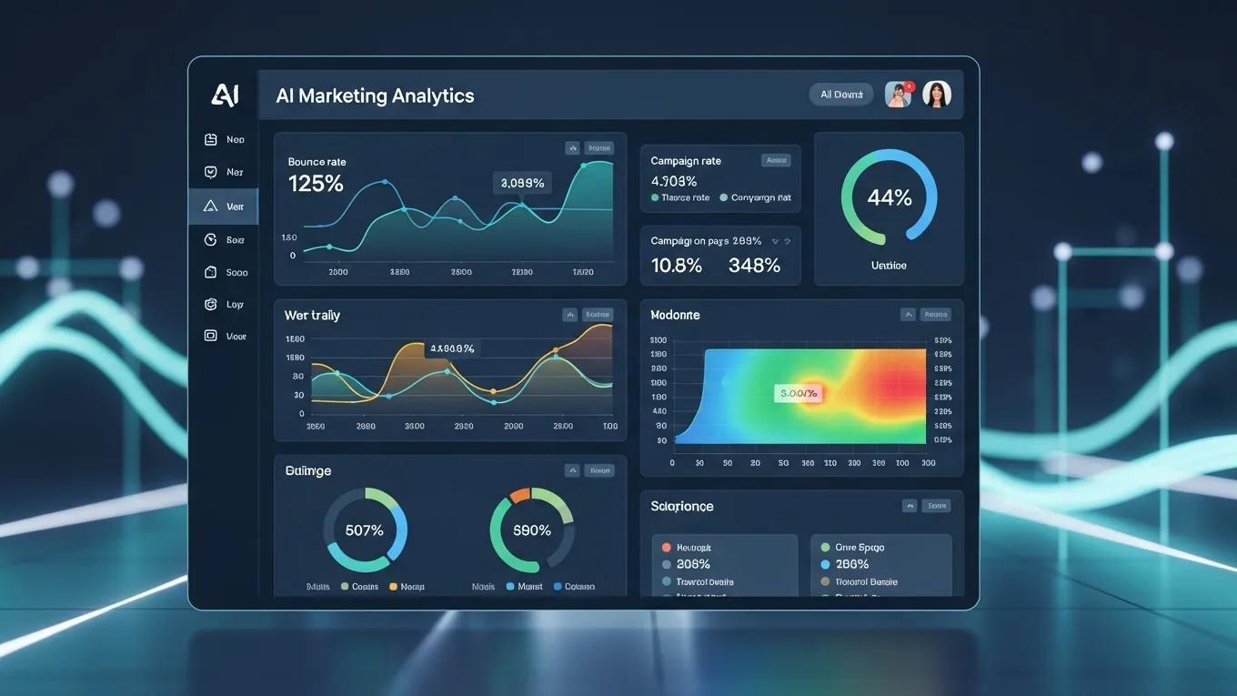 Digital interface displaying AI marketing analytics tools, illustrating improvements in SEO performance metrics