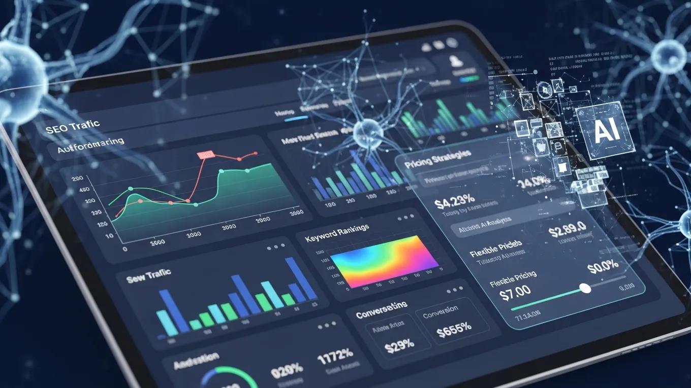 Digital interface showcasing AI-driven SEO performance metrics and analytics