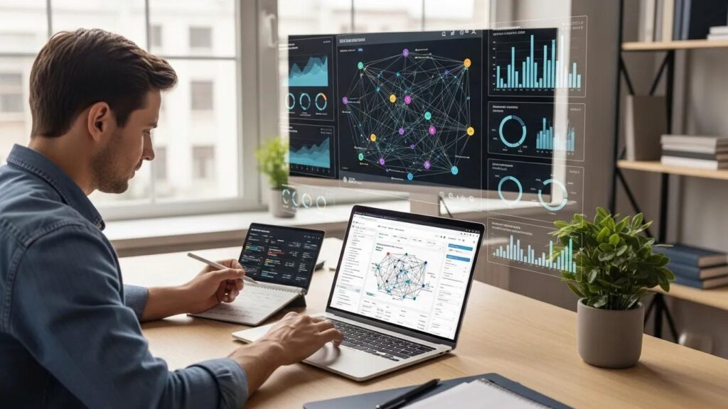 Digital marketing professional analyzing backlink data on a laptop in a modern office