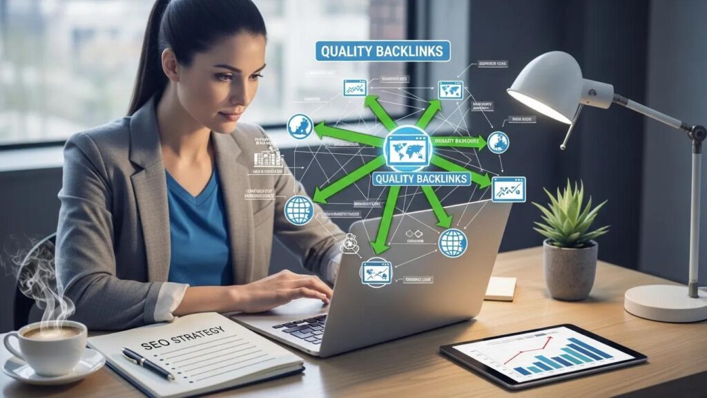 Digital marketing professional analyzing backlinks for SEO success