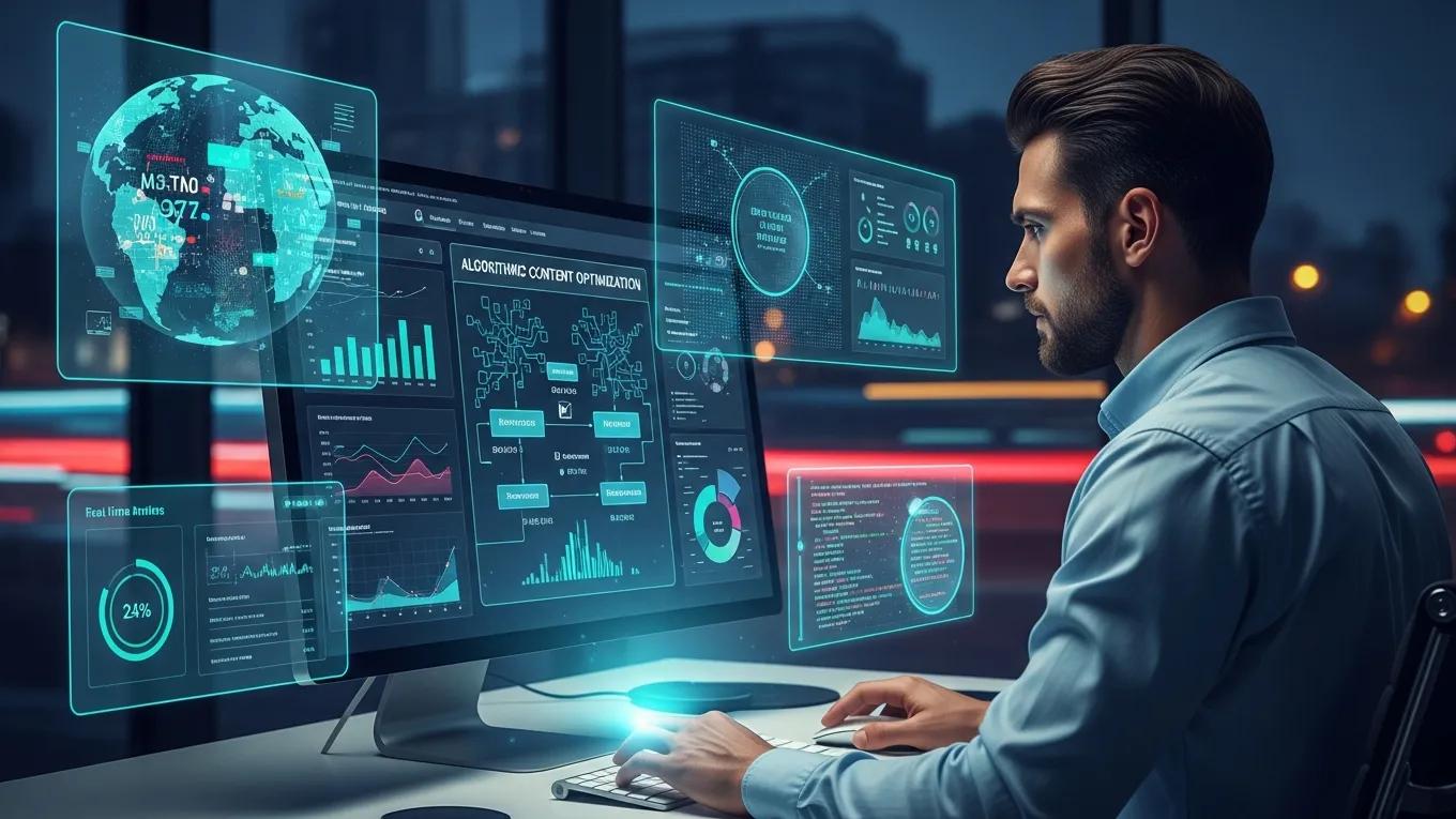 Digital marketing professional analyzing data for algorithmic content optimization