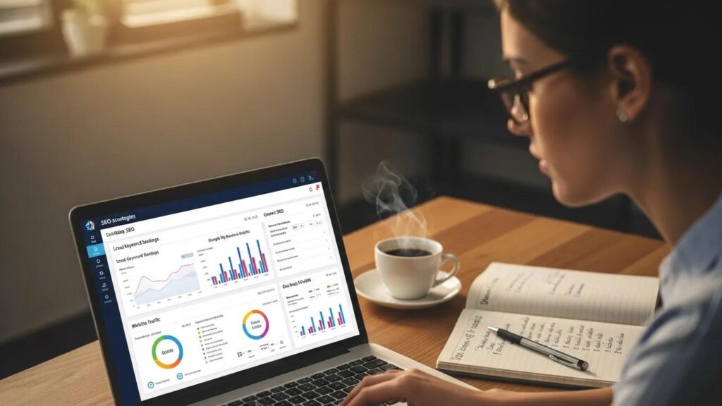 Digital marketing professional analyzing local and general SEO strategies in a modern workspace
