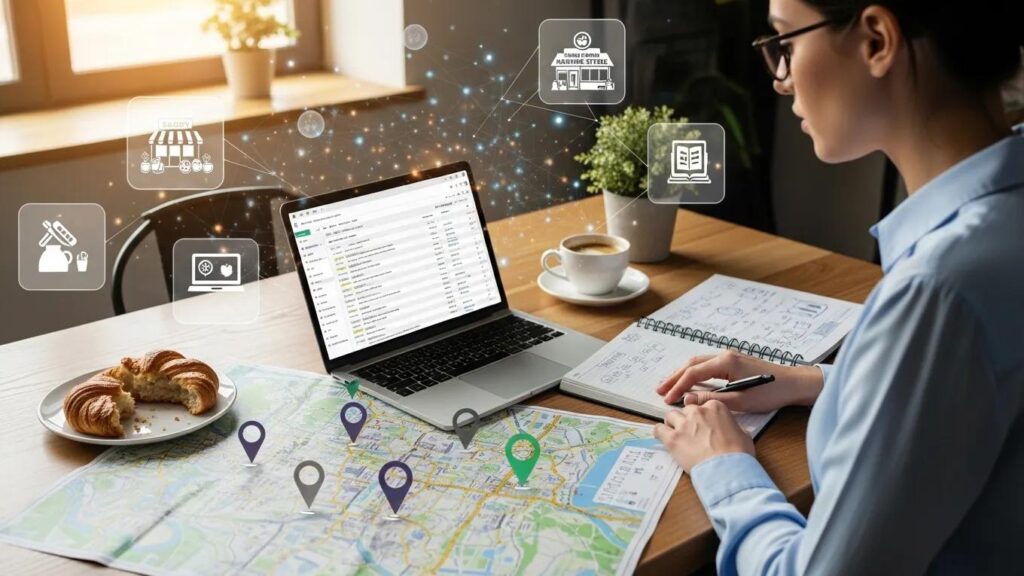 Digital marketing professional analyzing local backlinks with community elements