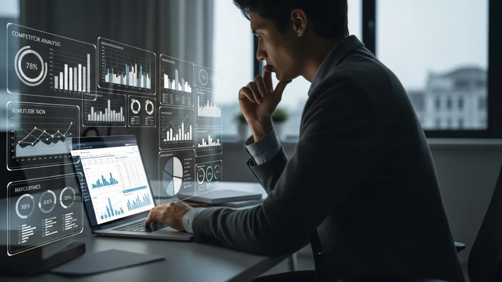 Digital marketing professional analyzing SEO competitor data on a laptop in a modern office
