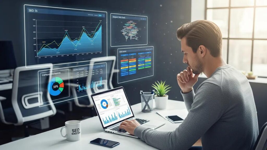 Digital marketing professional analyzing SEO data on a laptop in a modern office