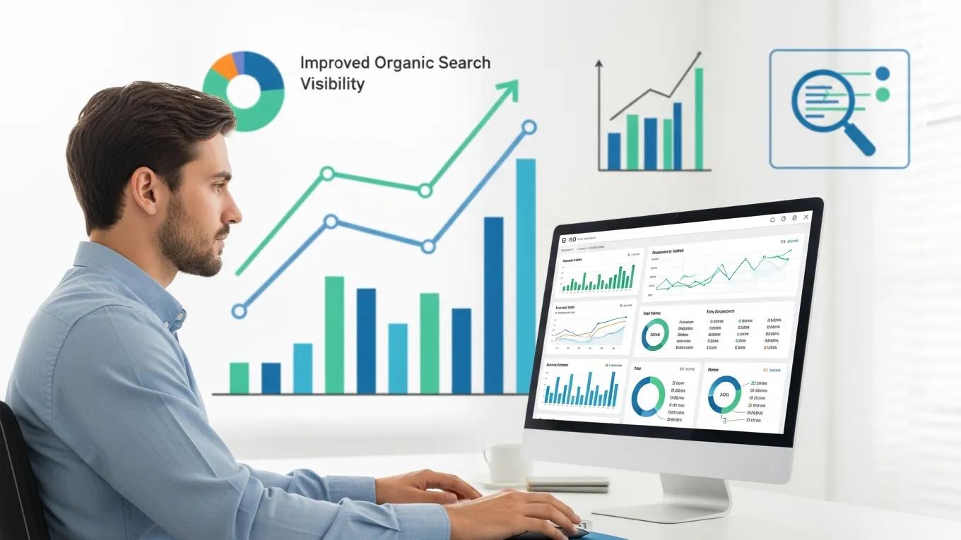 Digital marketing professional analyzing SEO metrics and performance indicators