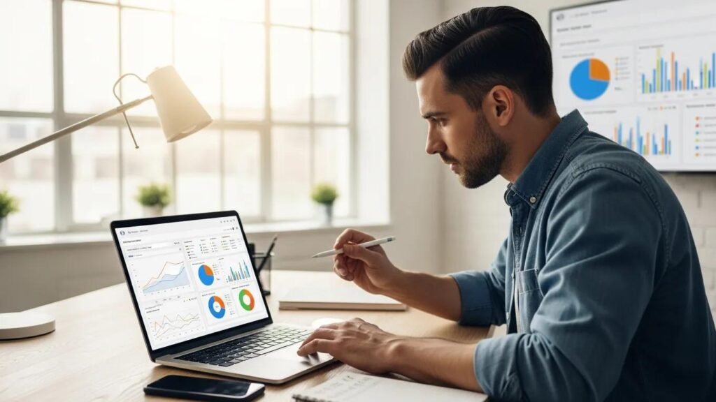 Digital marketing professional analyzing SEO performance metrics in a modern office