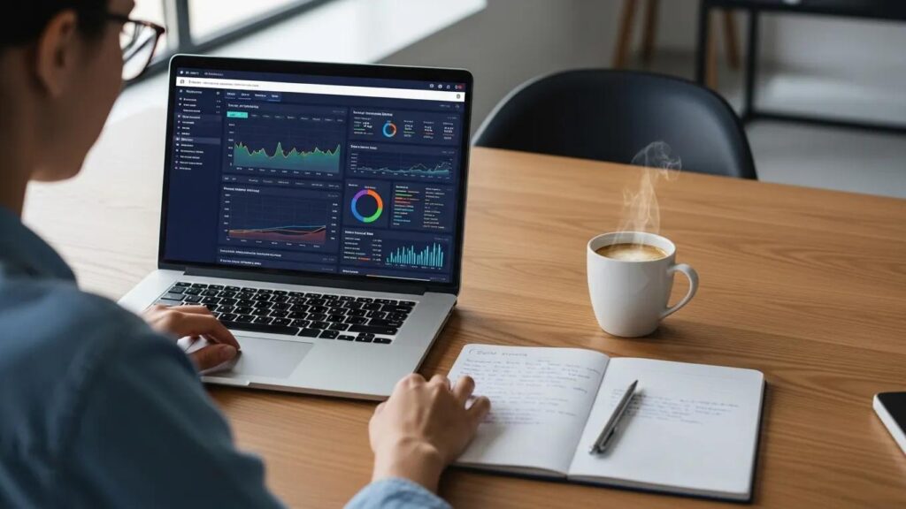 Digital marketing professional analyzing SEO performance metrics in a modern workspace