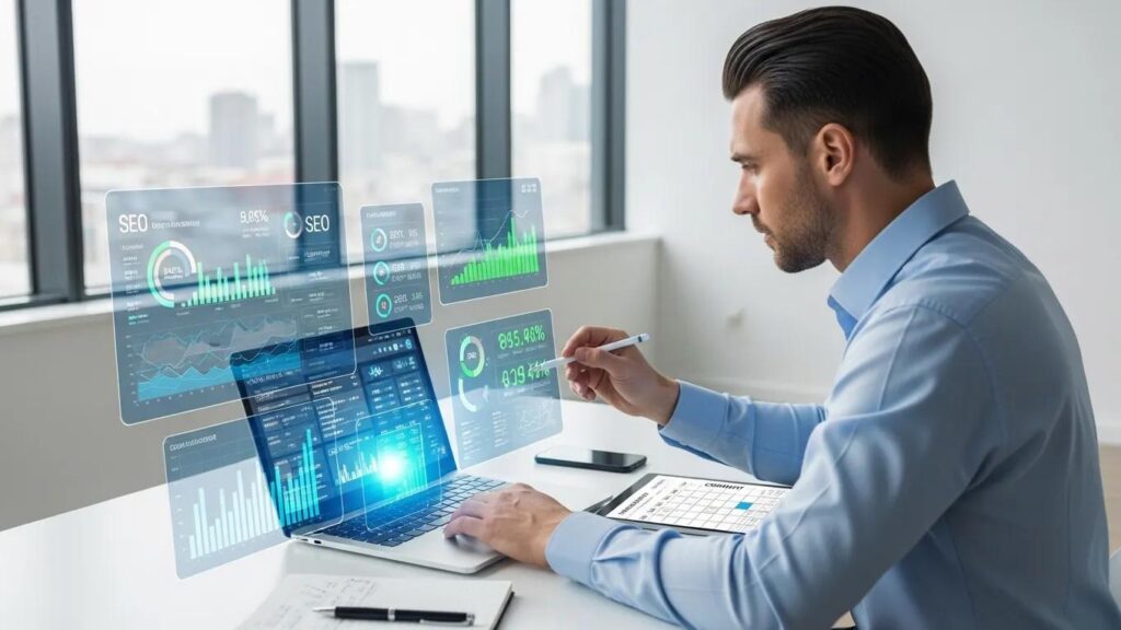 Digital marketing professional analyzing SEO strategies with a laptop in a modern office