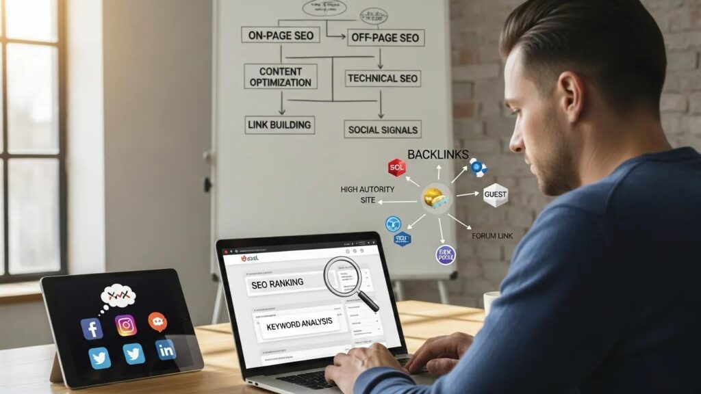 Digital marketing professional analyzing SEO strategies with laptop and marketing elements