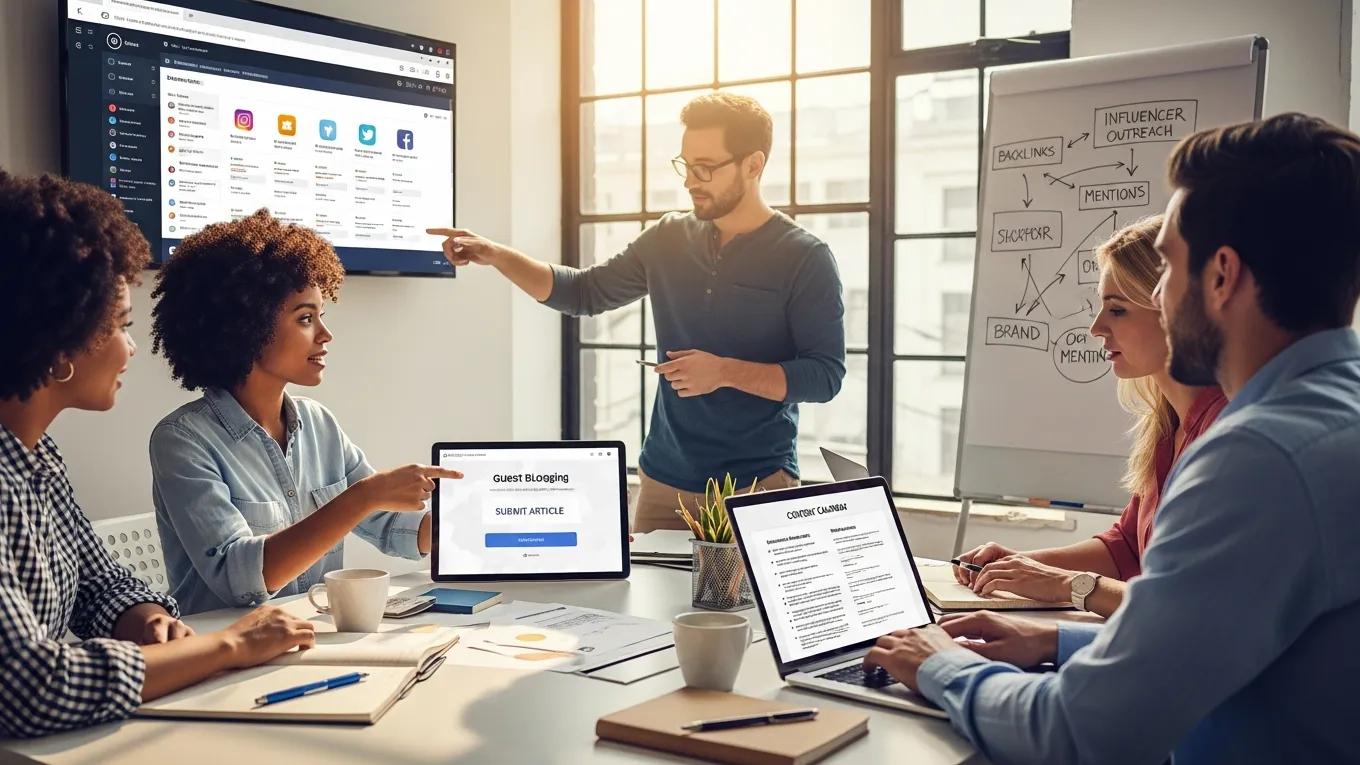 Digital marketing team collaborating on Off-Page SEO strategies in a modern office