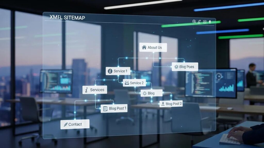 Digital representation of an XML sitemap in a modern office setting, highlighting its importance for SEO