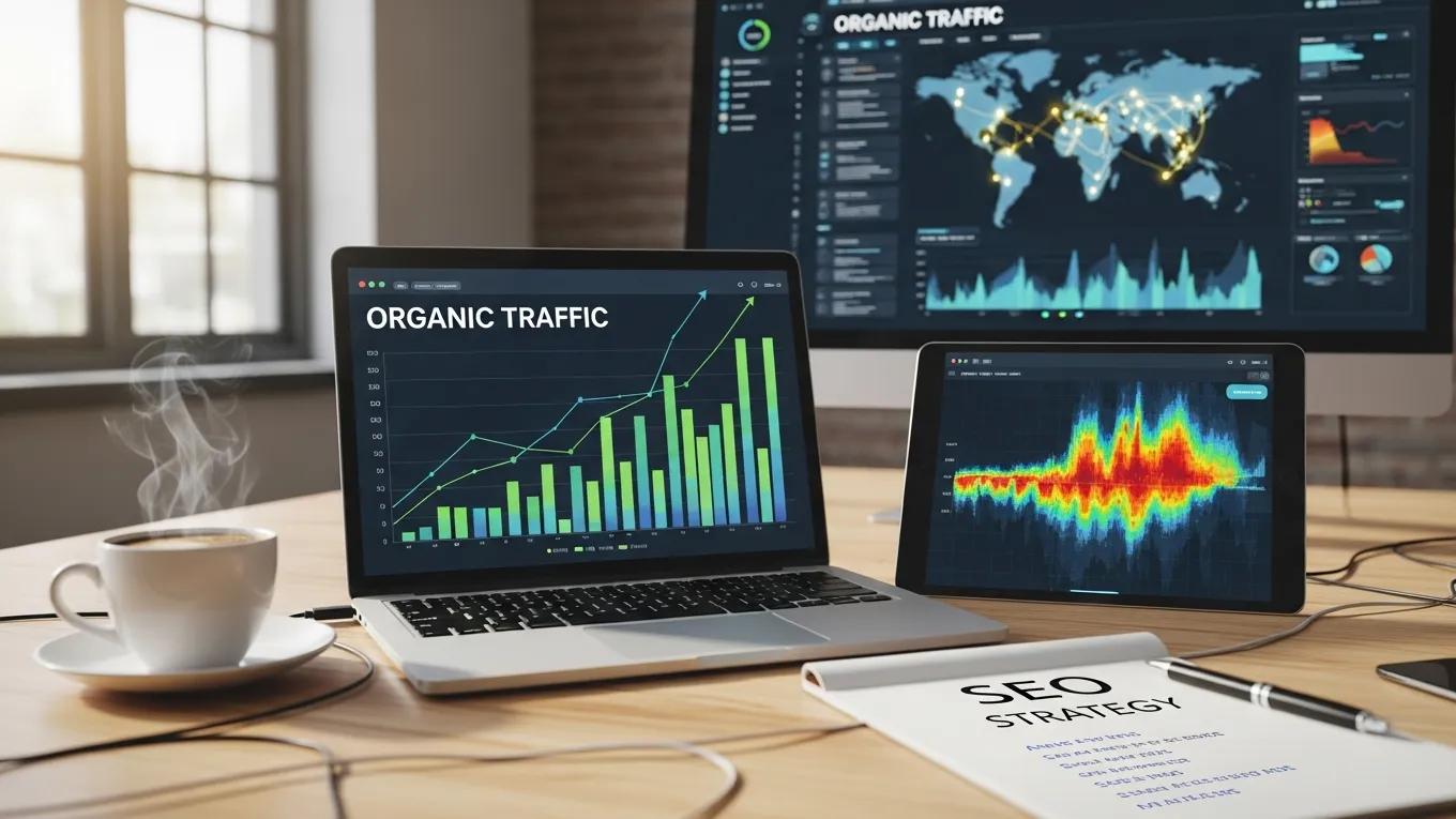 Digital workspace showcasing organic traffic growth with upward trends