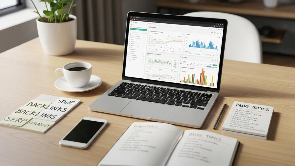 Digital workspace with laptop showing website analytics, emphasizing SEO strategies