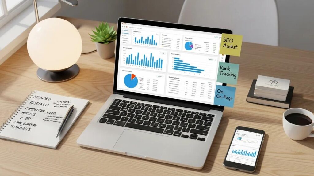 Digital workspace with SEO analytics on a laptop, emphasizing search engine optimization themes