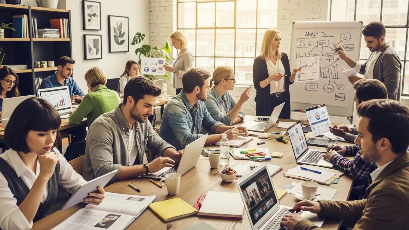 Diverse group of individuals engaging with different content formats, highlighting the role of content marketing in audience retention