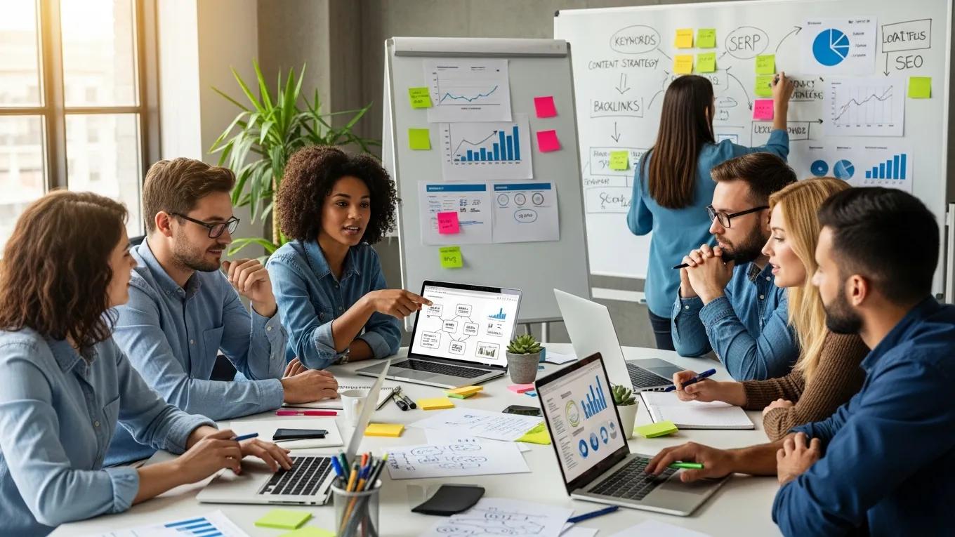 Diverse marketing team brainstorming SEO strategies around a table