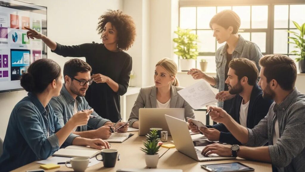 Diverse professionals collaborating on high-quality content creation in a modern workspace