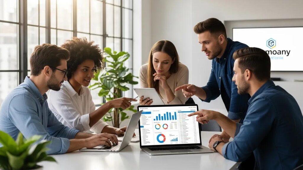 Diverse professionals collaborating on SEO keyword analysis in a modern office